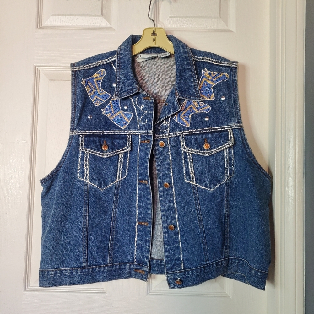 Vintage Bill Blass Blue Denim Vest Embroidered Studdedβ Western Cowboy Horse 2XL